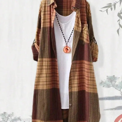 Plus Size Casual Retro Midi Women's Striped Plaid Loose Long Sleeve