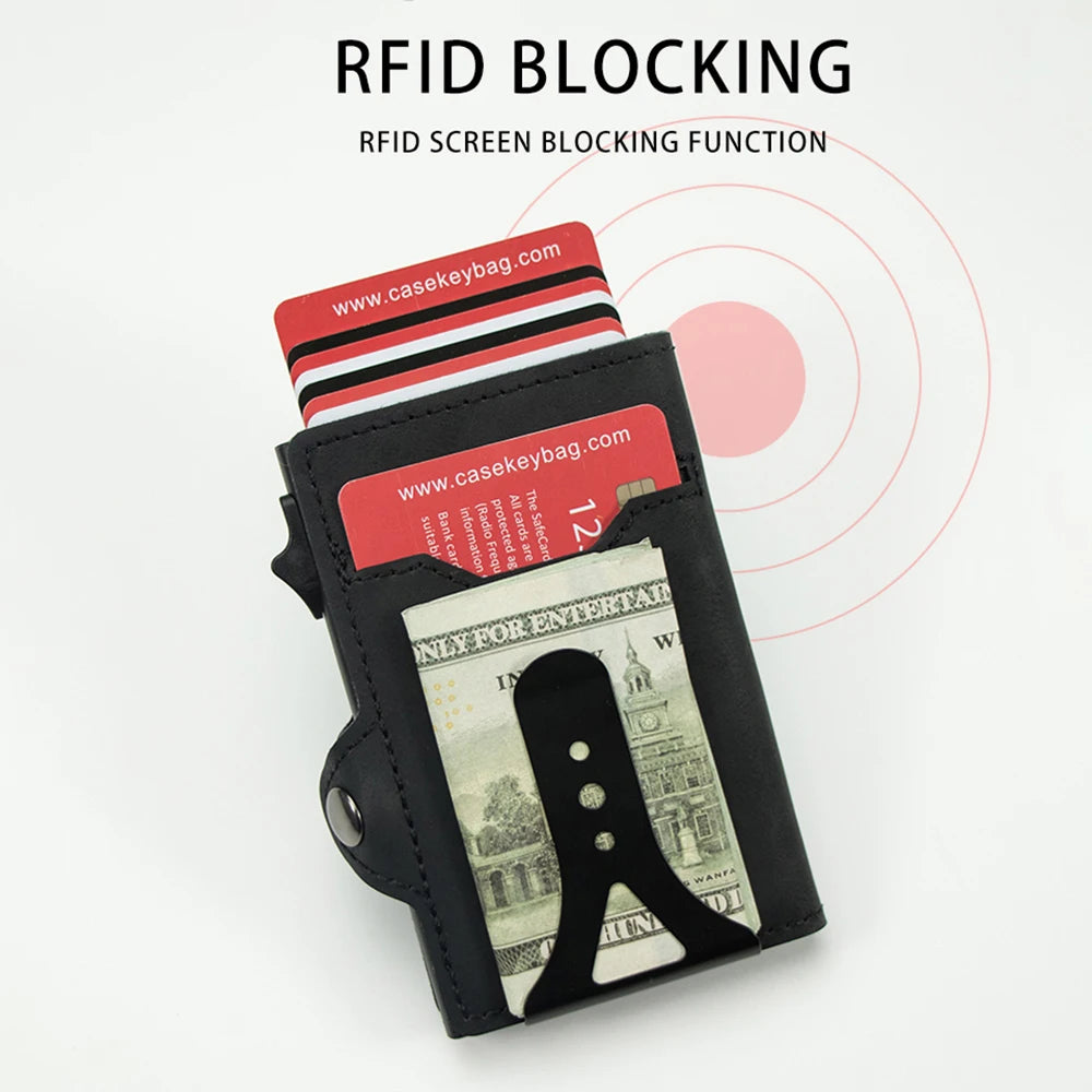 CASEKEY Top Quality Leather Cash Clip Wallet RFID NFC Protection Pop Up Metal Card Holder Case