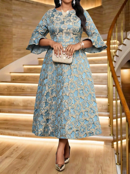 Plus Size Jacquard Floral Dress with Flared Sleeves & Waist Belt