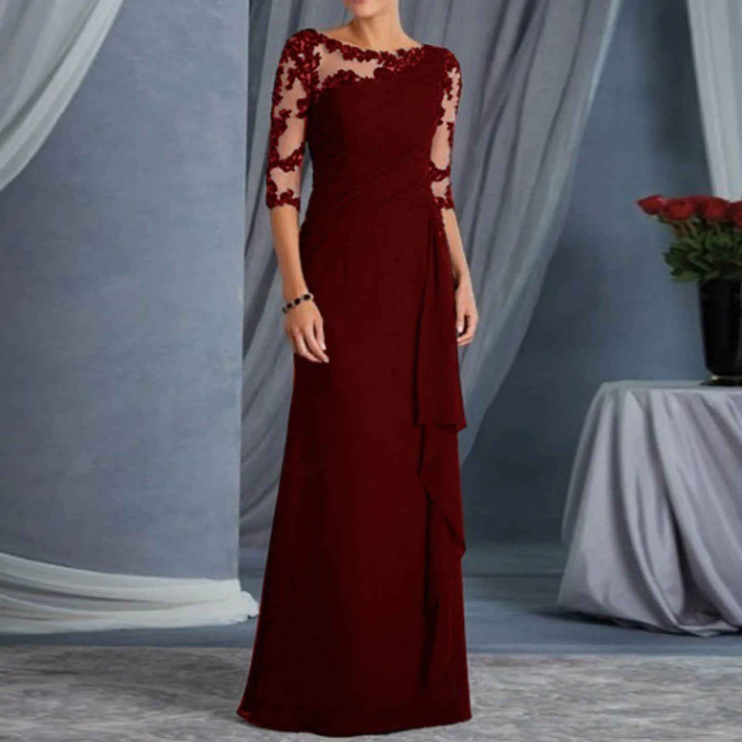Women Elegant Lace Long Dress Sexy See Through Round Neck Mid Sleeve Dress Solid Color