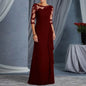 Women Elegant Lace Long Dress Sexy See Through Round Neck Mid Sleeve Dress Solid Color
