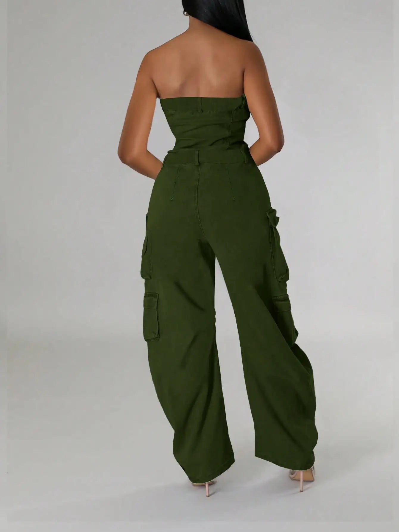 Olive Green Cargo Jumpsuit for Women, High Waist Wide Leg Denim with Multiple Pockets
