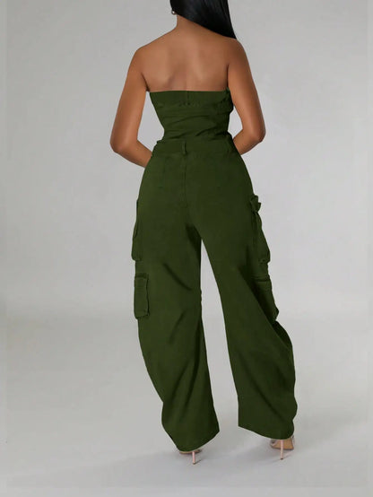 Olive Green Cargo Jumpsuit for Women, High Waist Wide Leg Denim with Multiple Pockets