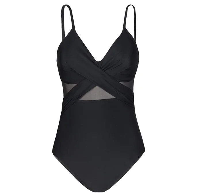 Contrast Mesh One Piece Swimsuit, V Neck Solid Color Backless Tummy Control High Cut Bathing Suit,