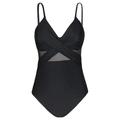 Contrast Mesh One Piece Swimsuit, V Neck Solid Color Backless Tummy Control High Cut Bathing Suit,