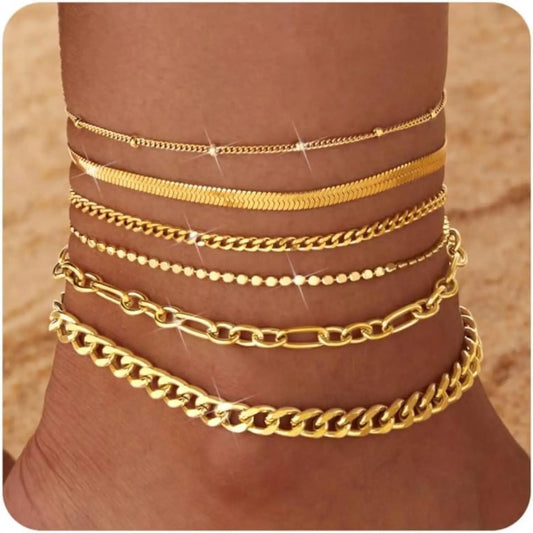6PCS Ankle Bracelets for Women 14K Gold-plated  Anklets Stainless Steel