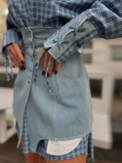 Lapel Color Blocked Shirt Waist Cinching Irregular Hem Short Skirt Set Woman Loose Long Plaid Shirt Patchwork Women Denim Suits