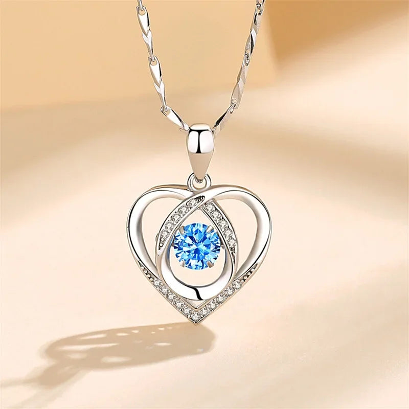 925 Sterling Silver Heart Shaped Necklace Bracelet Set Blue Crystal Bracelets