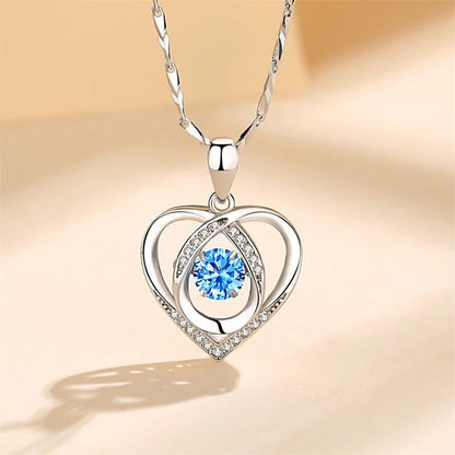 925 Sterling Silver Heart Shaped Necklace Bracelet Set Blue Crystal Bracelets