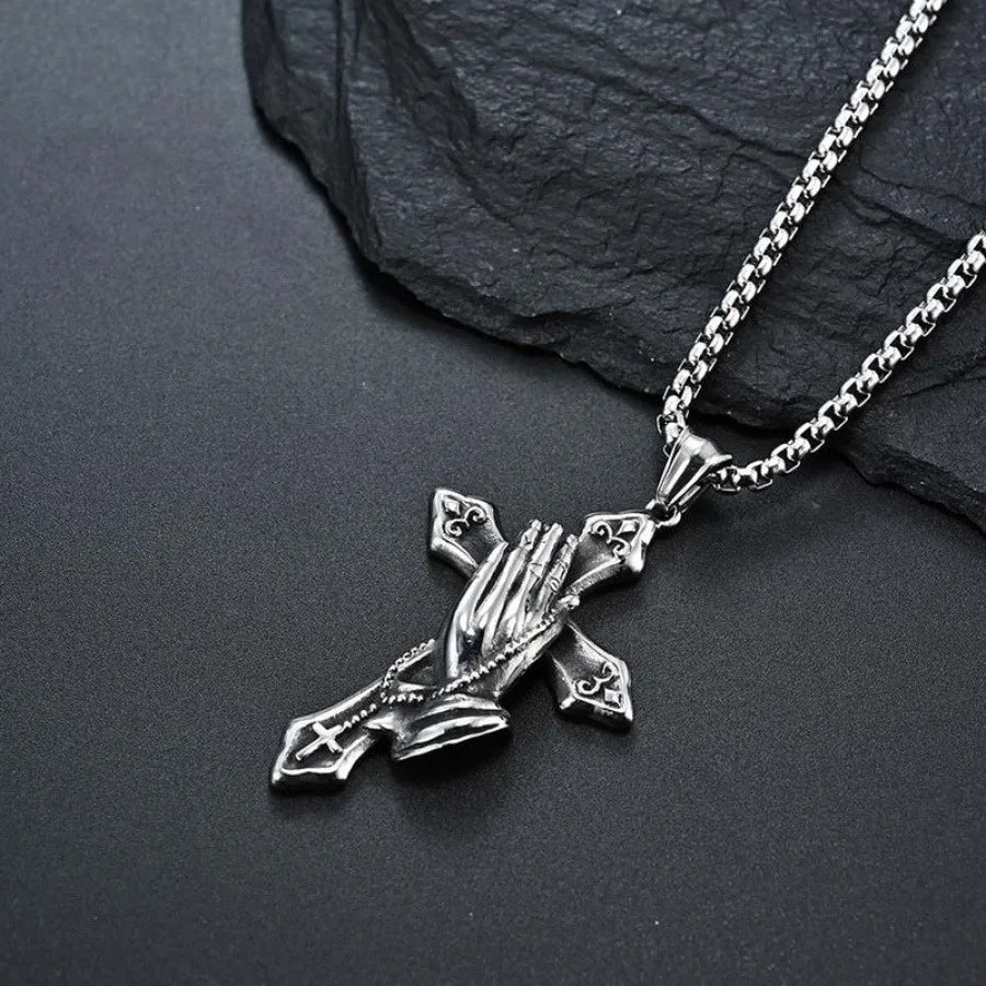Praying Hands Necklace Black Stainless Steel Cross Box Chain