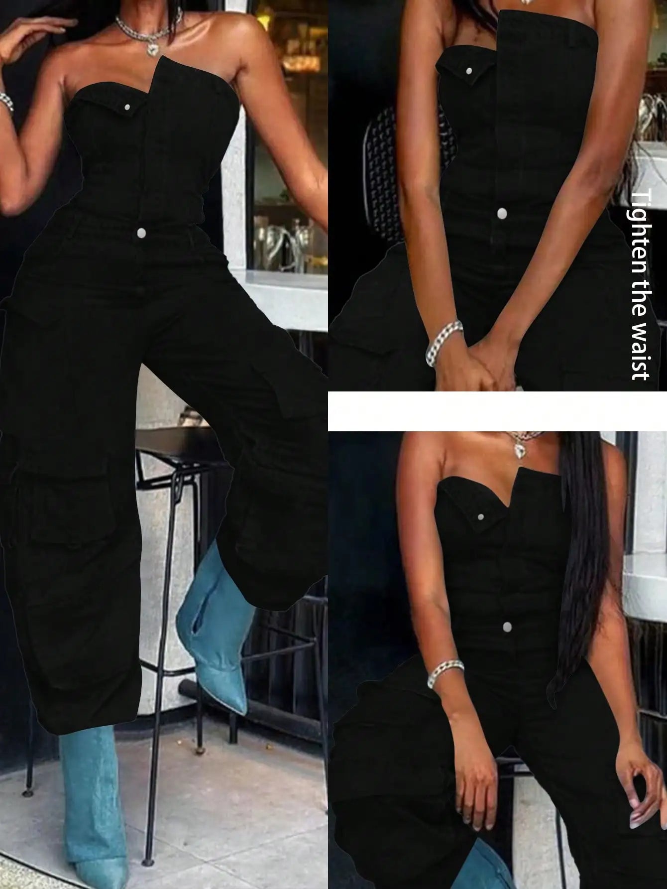 Olive Green Cargo Jumpsuit for Women, High Waist Wide Leg Denim with Multiple Pockets