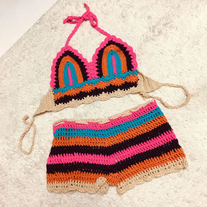 Summer Sexy Beach Vacation Bikini Split Color Striped Hand Crochet Knitted Swimsuit