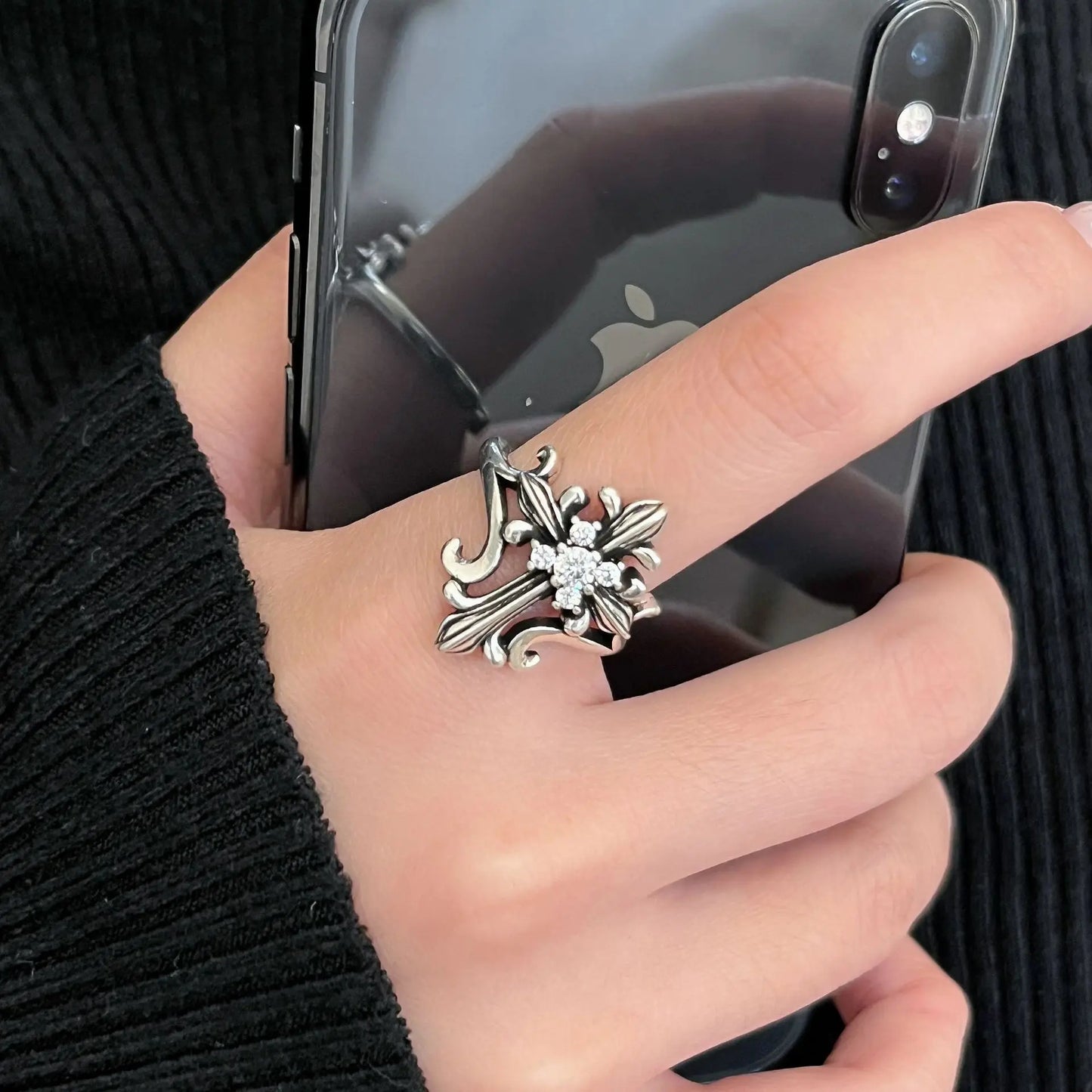 Original Vintage Distressed Cross Four-Pointed Star Ring
