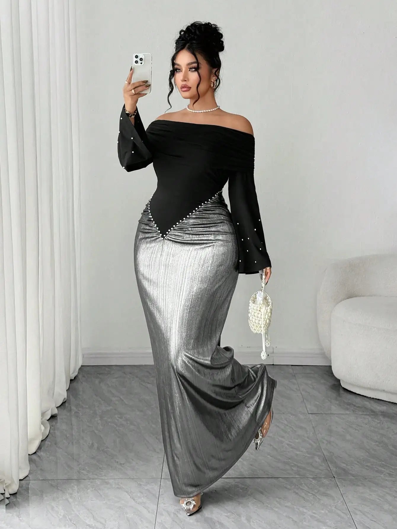 Elegant Off Shoulder Long Sleeve Maxi Dress with Pearl Waist Detail, Silver Black Contrast