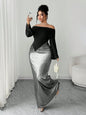 Elegant Off Shoulder Long Sleeve Maxi Dress with Pearl Waist Detail, Silver Black Contrast