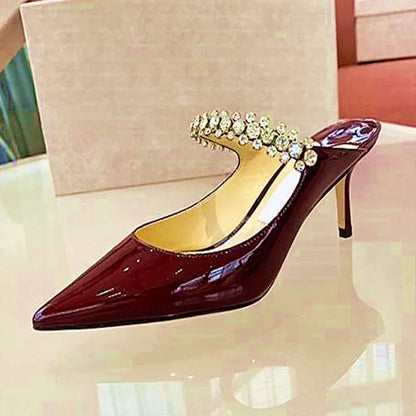 2025 New Fashionable Fine Heeled Muller Shoes with Pointed Water Diamond Chain Banquet