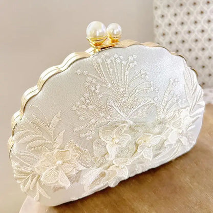 Shell Clip Evening Clutch, Fashion White Embroidered Lace