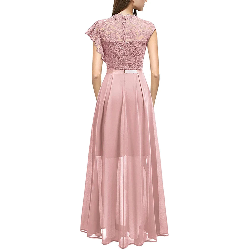 Elegant Women Sleeveless Long Evening Dress With Belt Slit Ruffles
