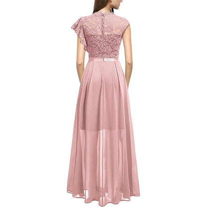 Elegant Women Sleeveless Long Evening Dress With Belt Slit Ruffles