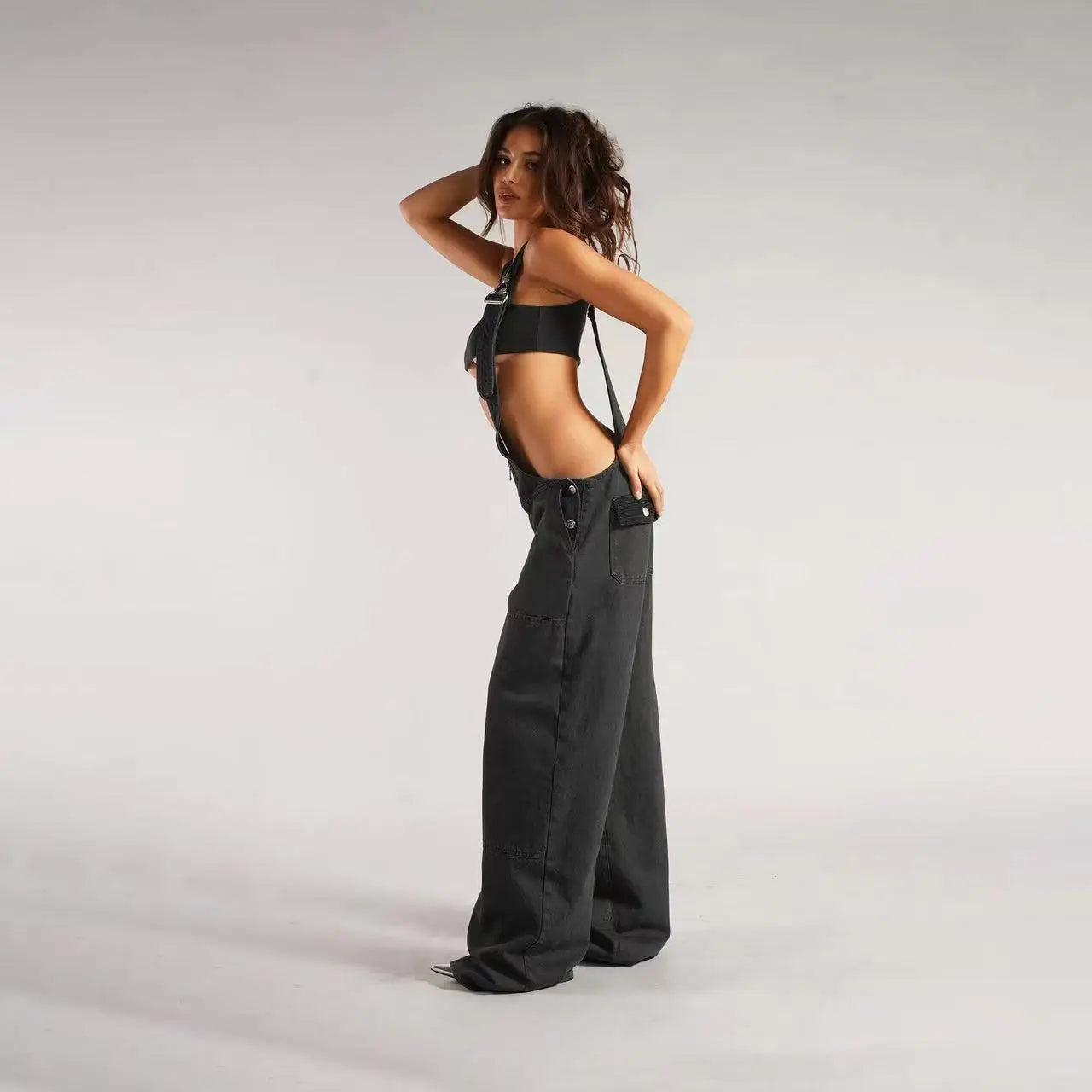 Low Waist shoulder Strap Wide Leg Jeans Low Rise Cargo Trousers with Straps