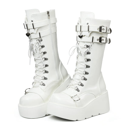 Women's Gothic Punk Combat Boots Wedge Heel Round Toe Mid-Calf Boot with Side Zipper