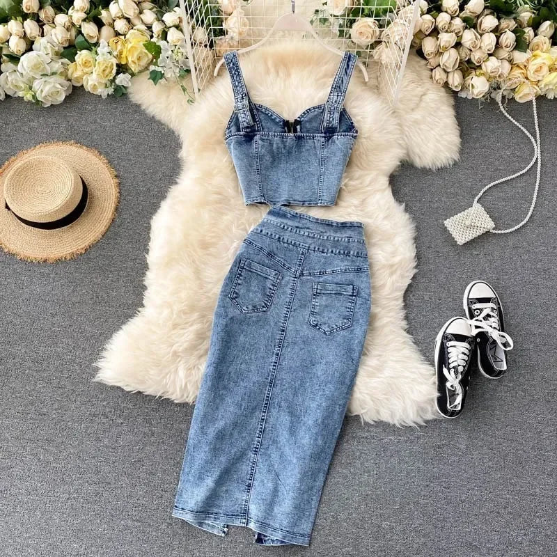 denim 2 piece outfits summer top and skirt