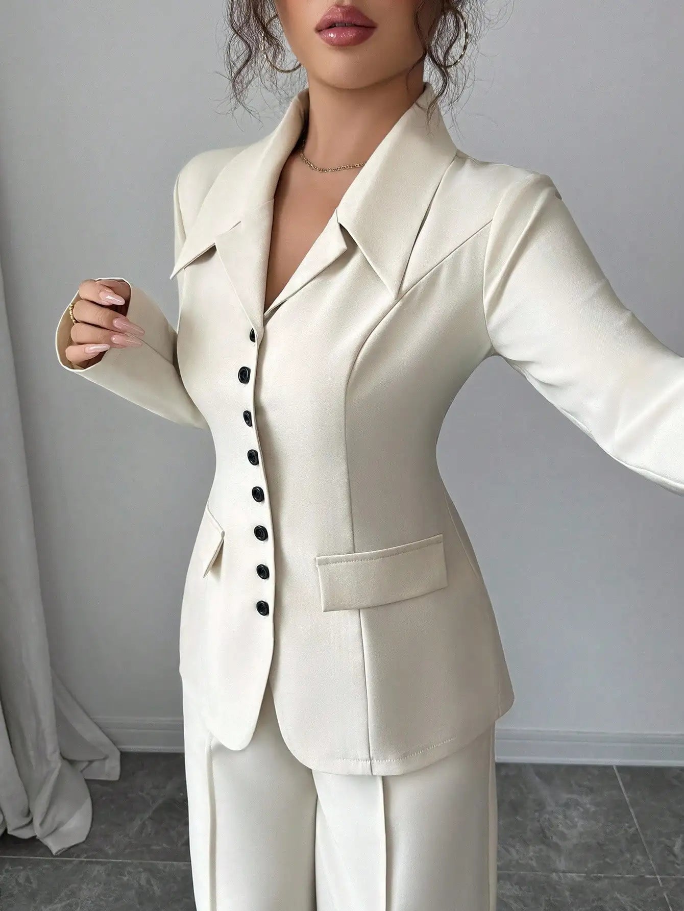 Cream Solid Color Tailored Blazer & Wide Leg Pants 2-Piece Set, V-Neck, Contrast Buttons,