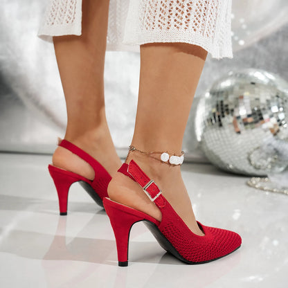 Vintage Green Knitted Slingback Sandal. Pointed Toe Breathable Net Dress Pumps