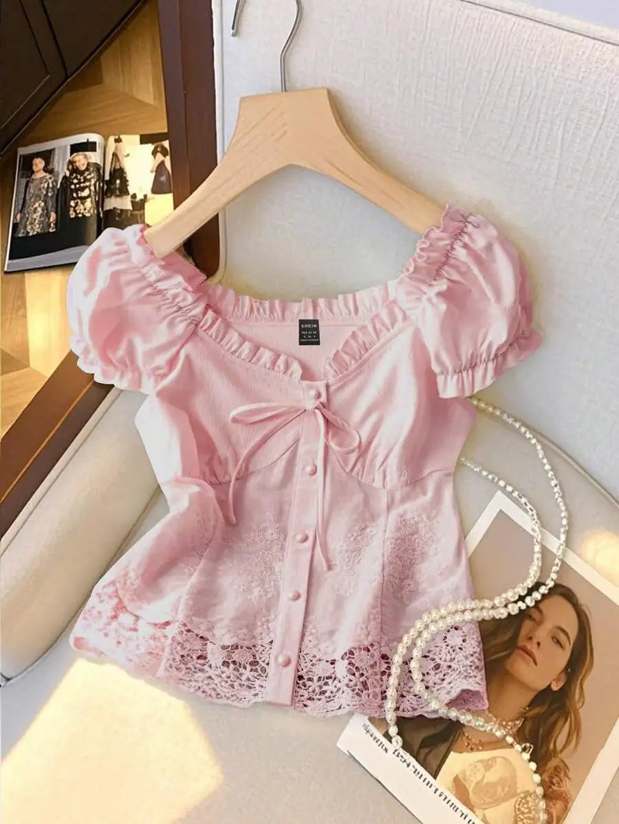 Women's Off-Shoulder Ruffled Lace Trim Cropped Blouse with Pearl Buttons