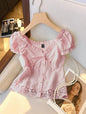 Women's Off-Shoulder Ruffled Lace Trim Cropped Blouse with Pearl Buttons