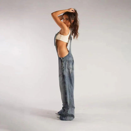 Low Waist shoulder Strap Wide Leg Jeans Low Rise Cargo Trousers with Straps