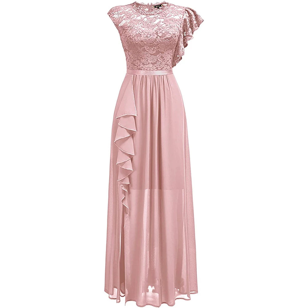 Elegant Women Sleeveless Long Evening Dress With Belt Slit Ruffles