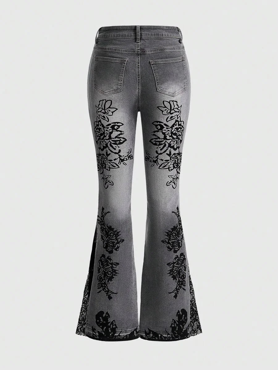 Retro Printed Bell Bottoms Street Mounted Navel Slim Jeans