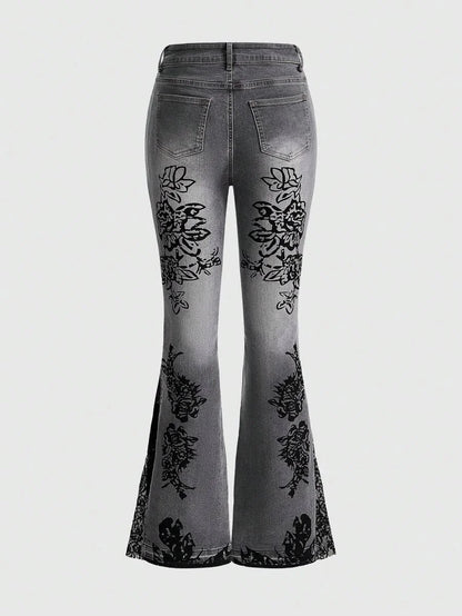 Retro Printed Bell Bottoms Street Mounted Navel Slim Jeans