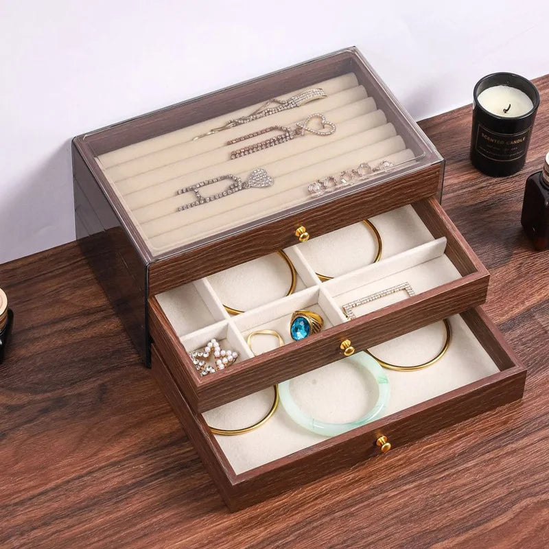New walnut pattern three-layer drawer jewelry storage box