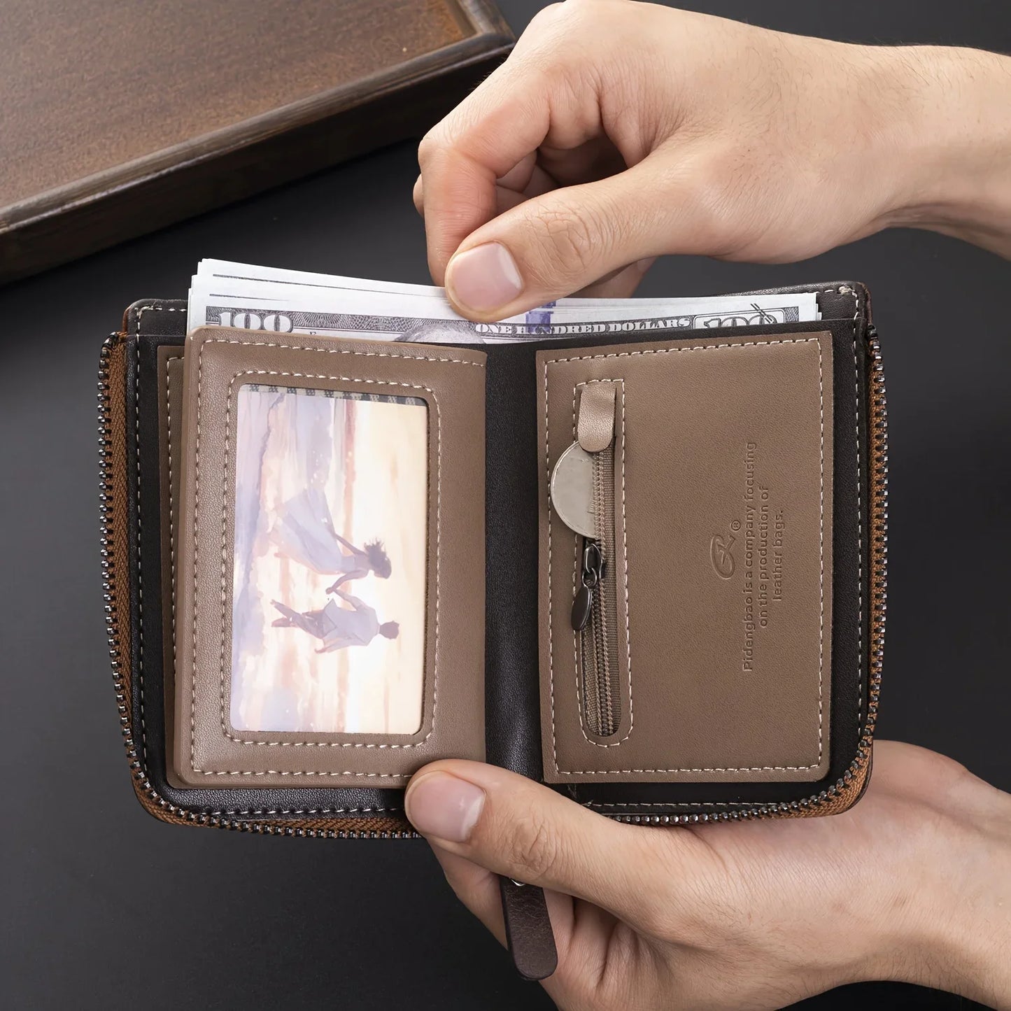 1pc Premium Retro Short Wallet Leather Zipper Durable Wallet
