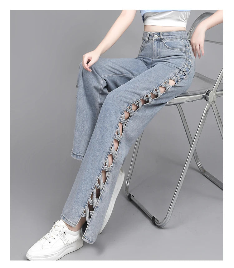Hollow Wide Leg Jeans Casual Design Slimming High Waist