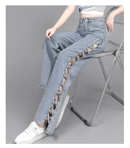 Hollow Wide Leg Jeans Casual Design Slimming High Waist