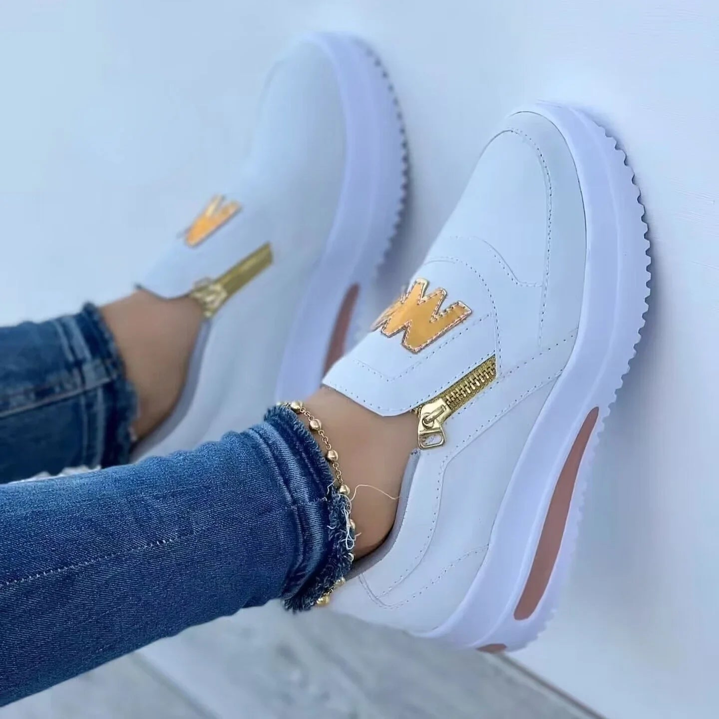 Women Autumn Sneakers Casual Double M Printed Side Zipper Platform Shoes