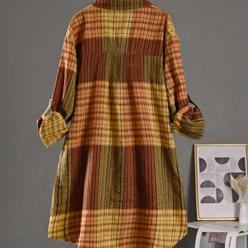 Plus Size Casual Retro Midi Women's Striped Plaid Loose Long Sleeve