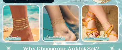 6PCS Ankle Bracelets for Women 14K Gold-plated  Anklets Stainless Steel