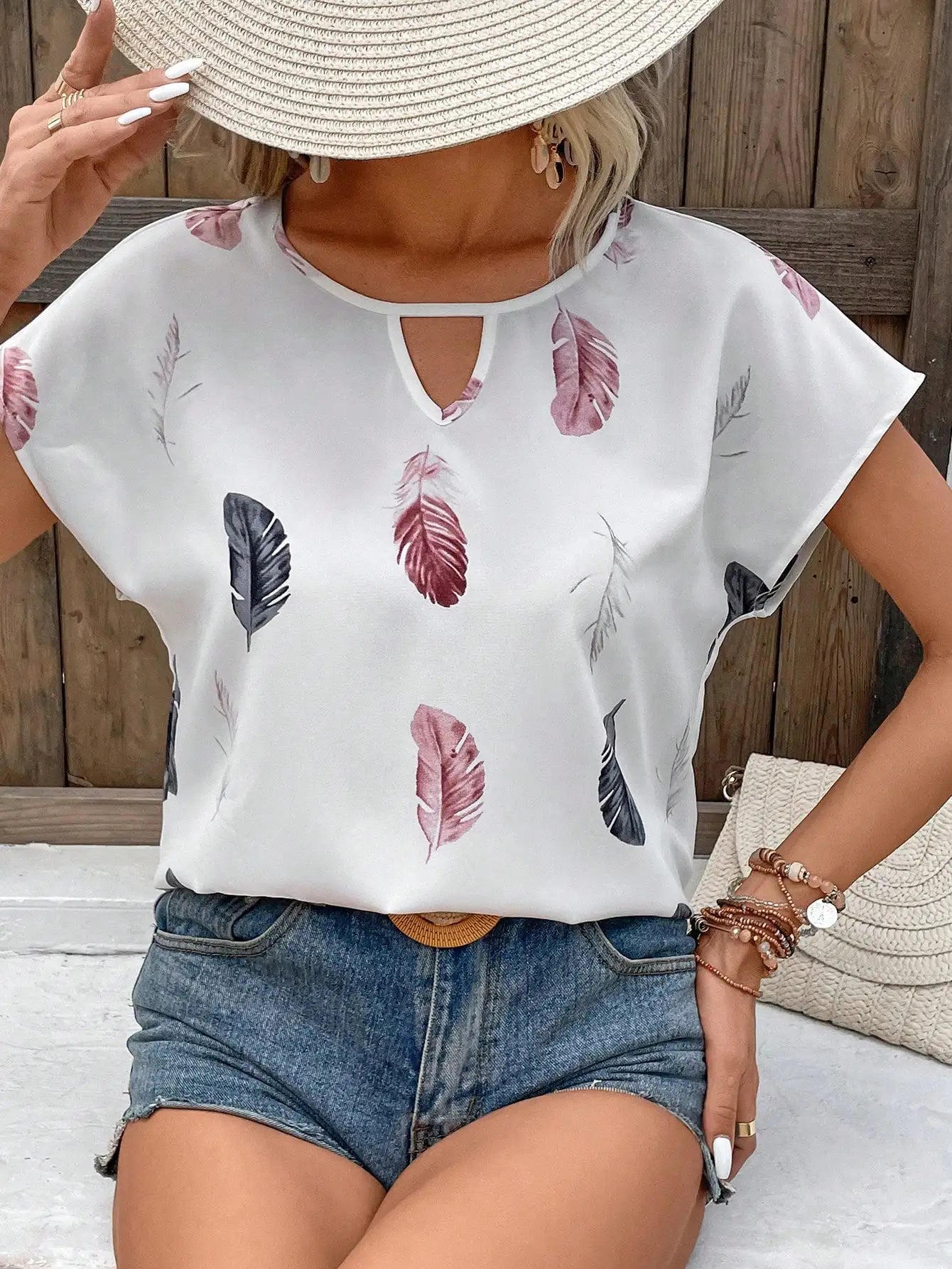 Women's Loose Feather Print Keyhole Neck Blouse, Summer Casual Top