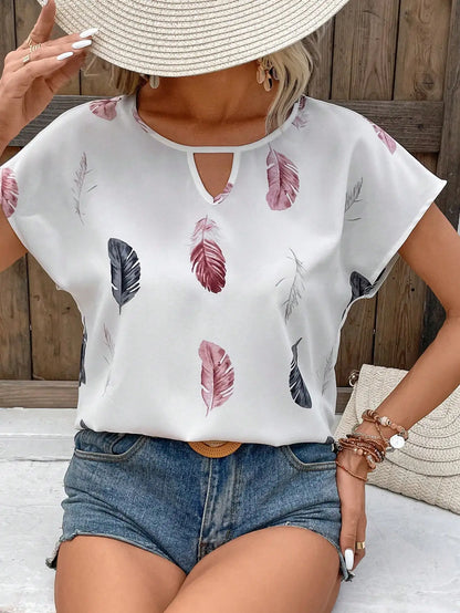 Women's Loose Feather Print Keyhole Neck Blouse, Summer Casual Top
