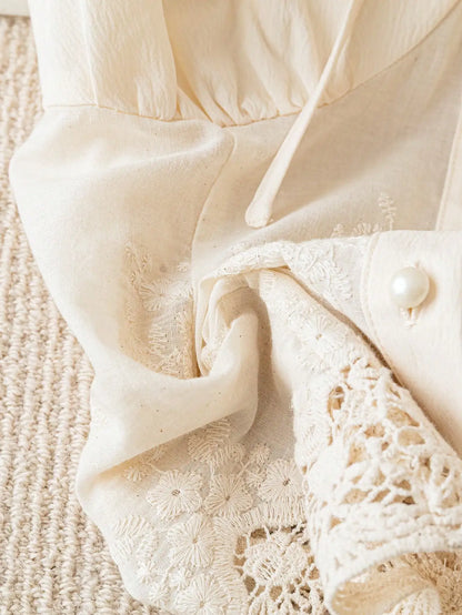 Women's Off-Shoulder Ruffled Lace Trim Cropped Blouse with Pearl Buttons