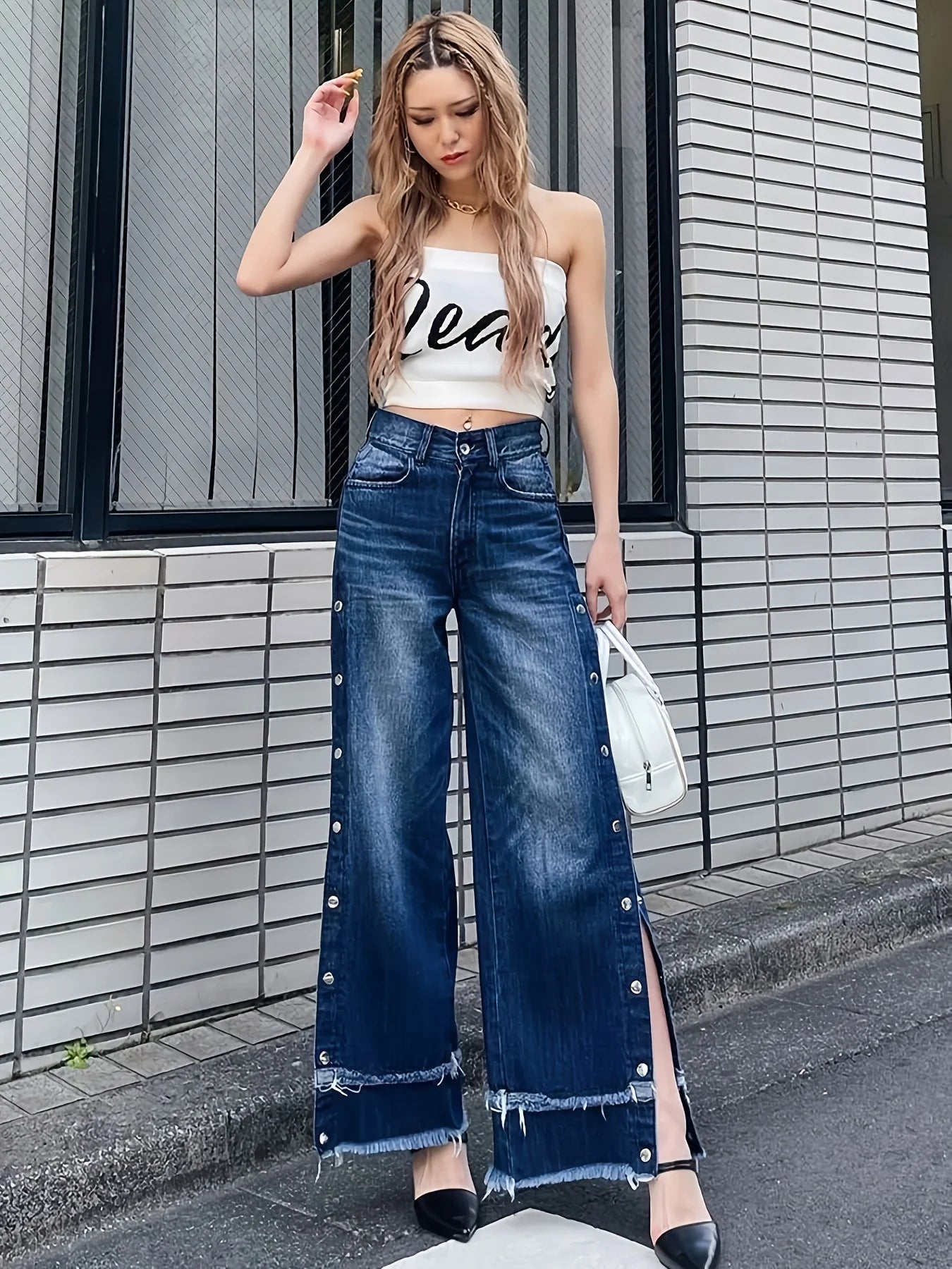 Women's casual wide-leg jeans, mid-rise, fashionable adjustable side buttons, double-layer frayed hem