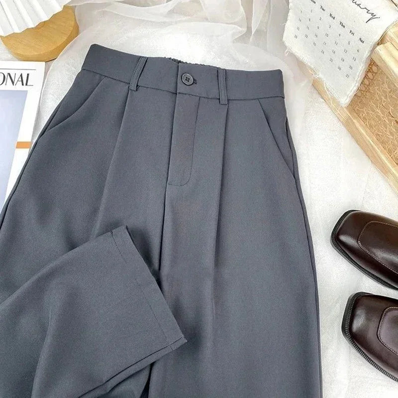 Fall Spring Black Suit Haren Pants Elastic High Waist Casual