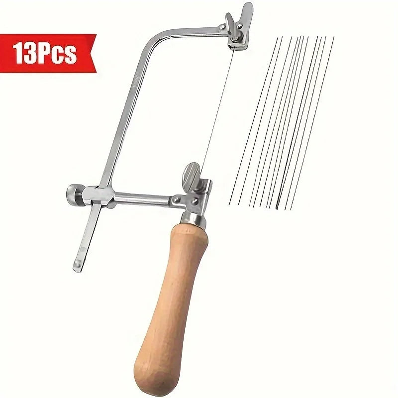 Professional jeweler saw set, adjustable U-shaped saw bow with 12 saw blades, handmade jeweler saw frame with wooden handle,