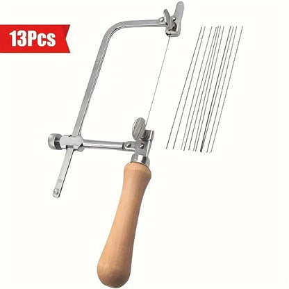 Professional jeweler saw set, adjustable U-shaped saw bow with 12 saw blades, handmade jeweler saw frame with wooden handle,