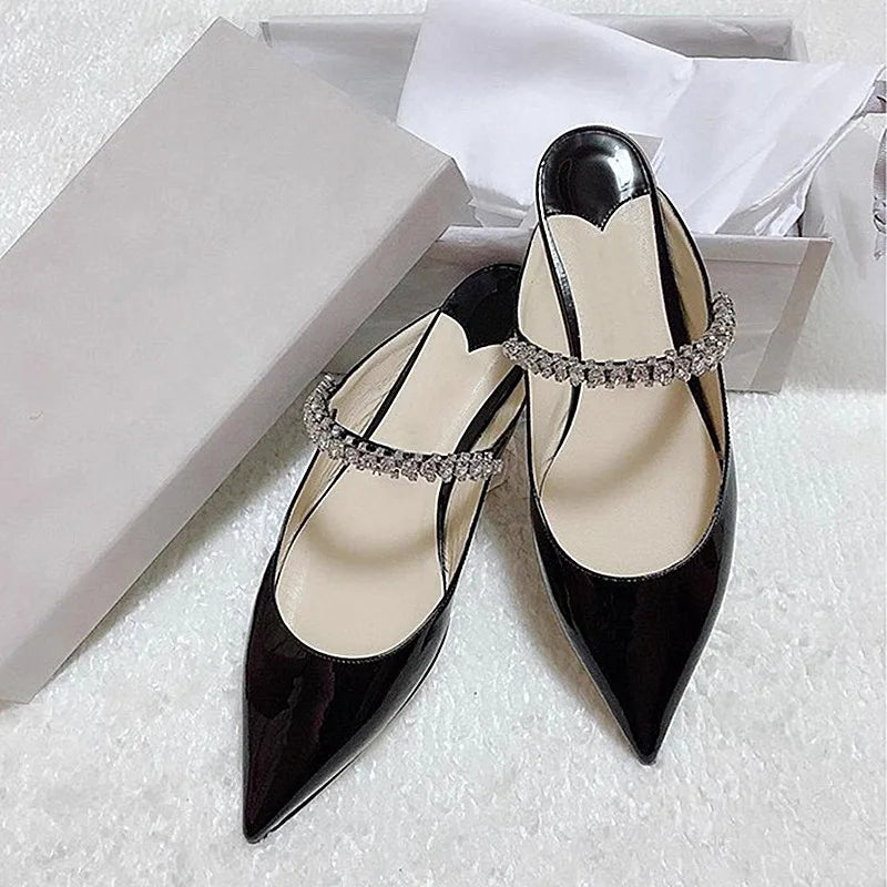 2025 New Fashionable Fine Heeled Muller Shoes with Pointed Water Diamond Chain Banquet