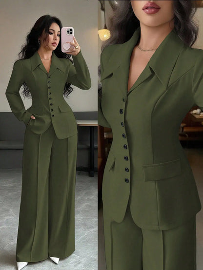 Cream Solid Color Tailored Blazer & Wide Leg Pants 2-Piece Set, V-Neck, Contrast Buttons,